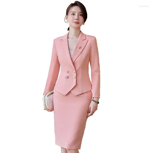 Zweiteiliges Kleid Ankunft Elegante Damen Formeller Rockanzug Frauen Orange Blau Rosa Zweireihiger Weiblicher Blazer Set Für Business-Arbeitskleidung