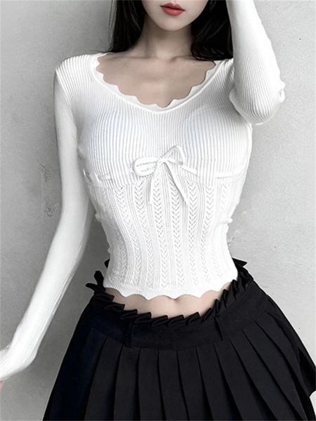 Suéteres femininos suéter branco mulheres primavera manga longa gola quadrada malha fina tempero menina y2k tops estilo coreano lace up skinny colheita