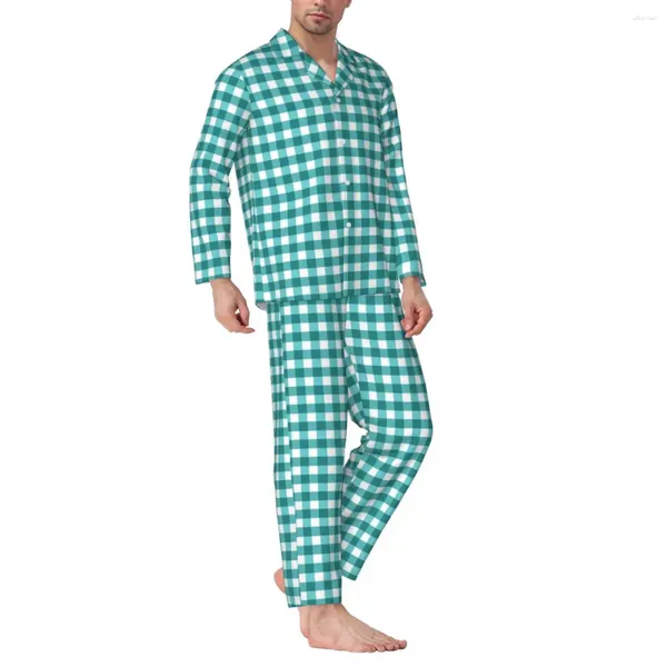 Pijamas masculinos Teal Gingham Pijamas Homens Retro Xadrez Trendy Home Outono 2 Peça Vintage Oversized Padrão Conjuntos de Pijama