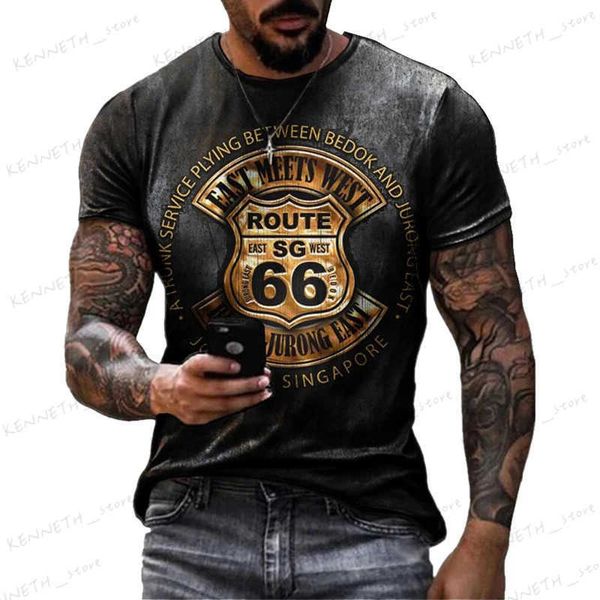 Herren-T-Shirts, Sommer-Herren-T-Shirts, übergroße, lockere Kleidung, Vintage-Kurzarm-Mode, Amerika Route 66-Buchstaben, bedruckt, O-Kragen-T-Shirts, T240126