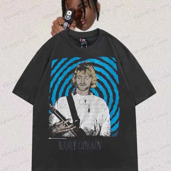 Erkek Tişörtler Erkekler Baskı Sokak Giyim Kurt Donald Cobain Rock Vintage Unisex Yıkanmış Büyük Boy Grafik gevşek Tişört Tişört Tee Marka Homme T240126
