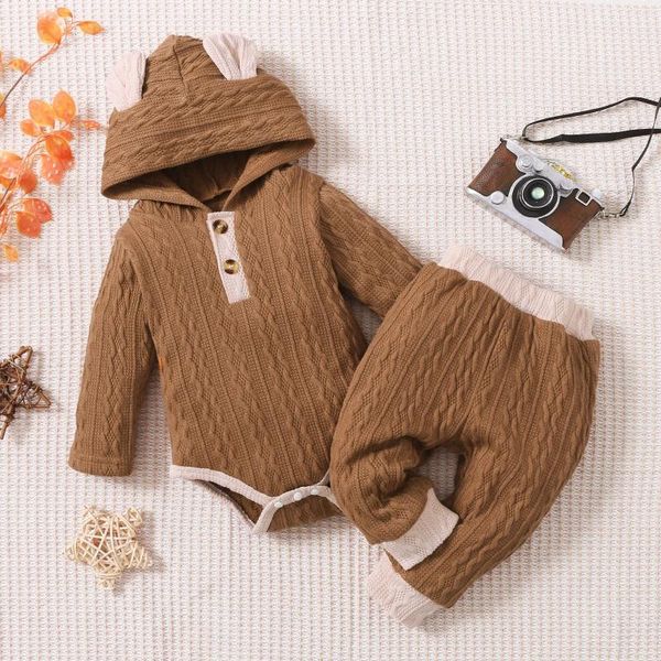 Conjuntos de roupas nascidos bebês meninas roupas sólidas de malha com capuz bodysuit calças 3pcs meninos 3 6 12 18 meses