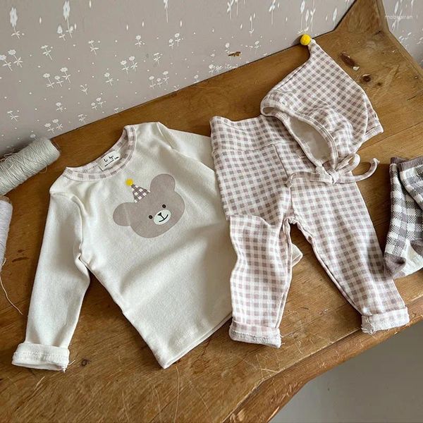 Kleidung Sets 2024 Frühling Baby Langarm Kleidung Set Infant Cartoon Bär Drucken Tops Plaid Leggings 2 stücke Anzug Kleinkind junge Outfits