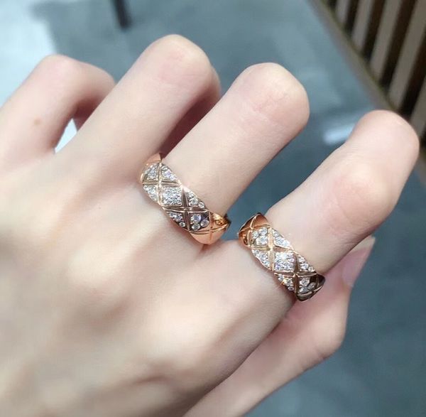 Chan anel com padrão de diamante clássico anel mesma réplica logotipo da marca de designer de joias finas de luxo com caixa de ouro rosa presentes de aniversário dos namorados