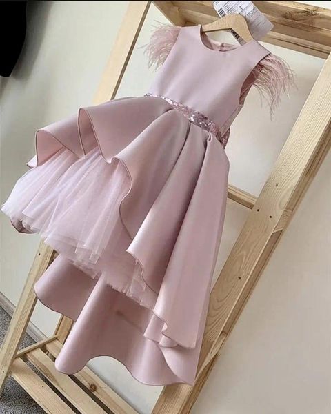 Mädchen Kleider Rosa High Low Hübsch Mit Schleife Feder O Hals Blumenkleid Kinder Kinder Geburtstag Party Kleid