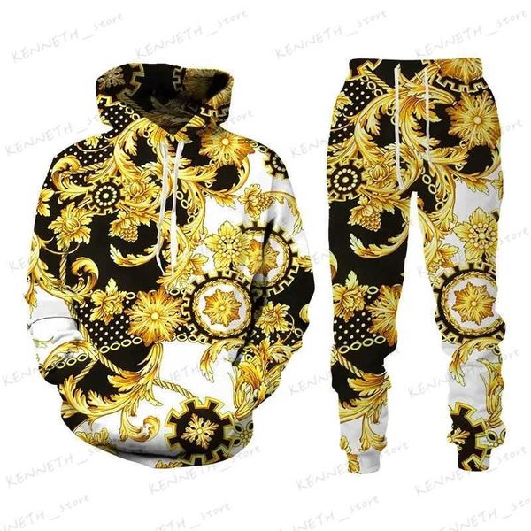 Männer Trainingsanzüge 2023 Neue Mode Luxus Goldene Muster Sweatshirt 3D Druck Mit Kapuze Sweatshirt Vergnügen Sportswear Hosen Anzug männer kleidung T240126