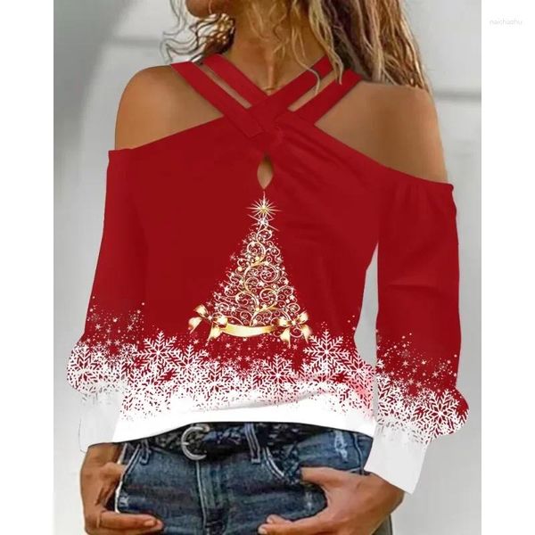 Blusas femininas árvore de natal impressão colorblock criss cruz camisa superior outono inverno feminino elegante manga longa fora do ombro camiseta y2k