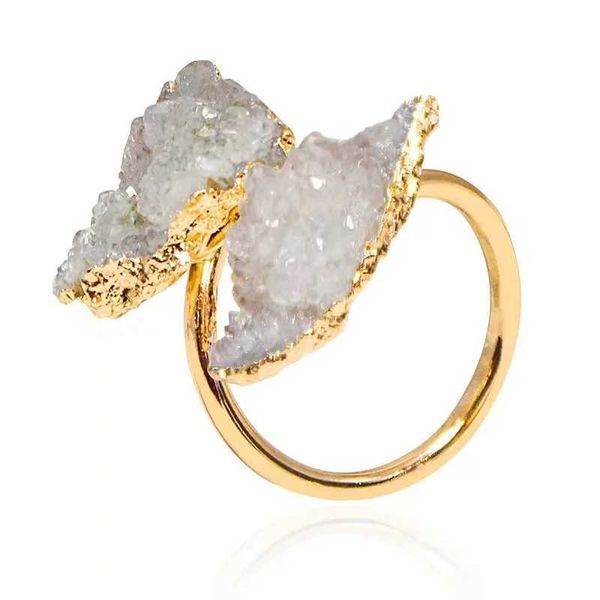 Bandringe, unregelmäßiger Druzy-Stein, offener Ring, goldener handgefertigter Kristall-Cluster-Fingerschmuck, verstellbare Größe 240125