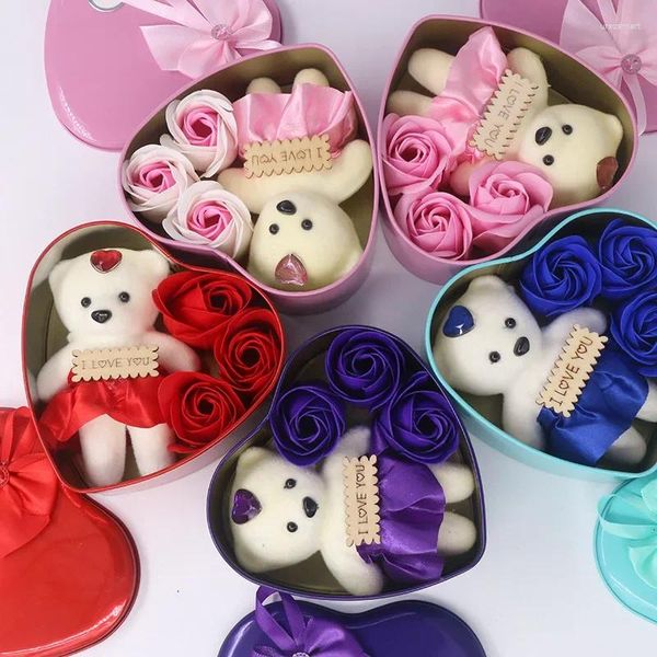 Fleurs décoratives cadeau de saint valentin, fleur de savon créative ours Kawaii Rose en forme de cœur, boîte en forme de cœur, décor de salle de fête de mariage