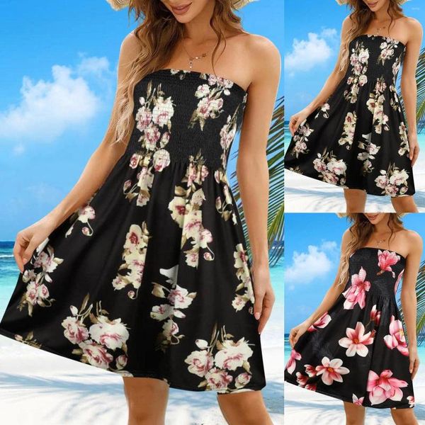 Vestidos casuais floral impresso sundresses mulheres smocked strapless tubo top praia vestido elegante verão sem mangas vestido robe femme