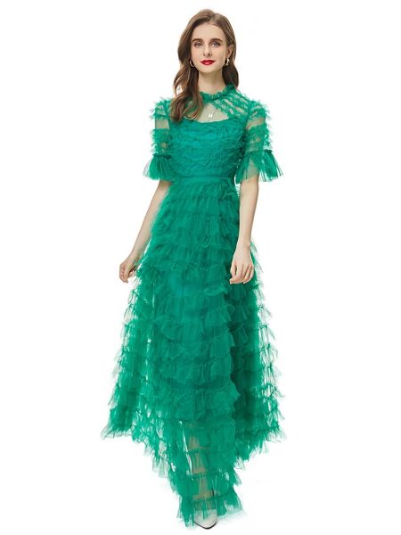 Abito da donna di lusso nuovo designer estivo di alta qualità moda maglia verde elegante volant dolce abito super maxi da festa piuttosto sexy