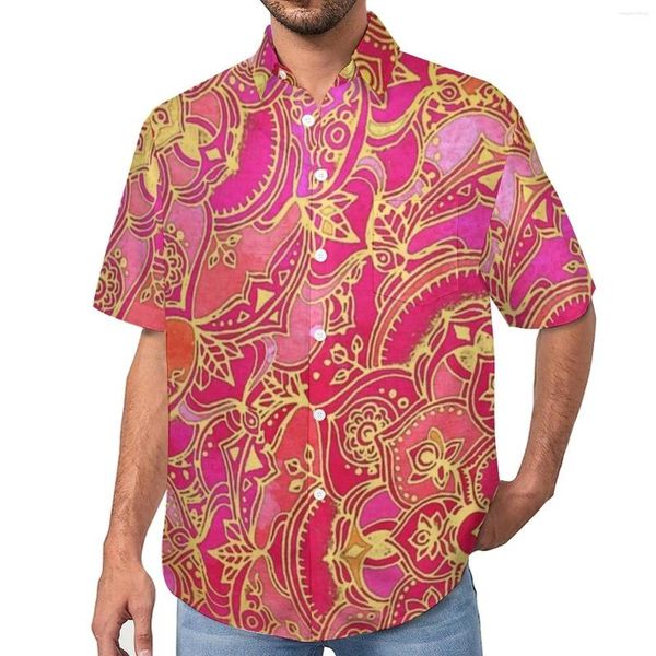 Camisas casuais masculinas ouro barroco floral mandala arte impressão praia camisa havaiana streetwear blusas homem impresso plus size