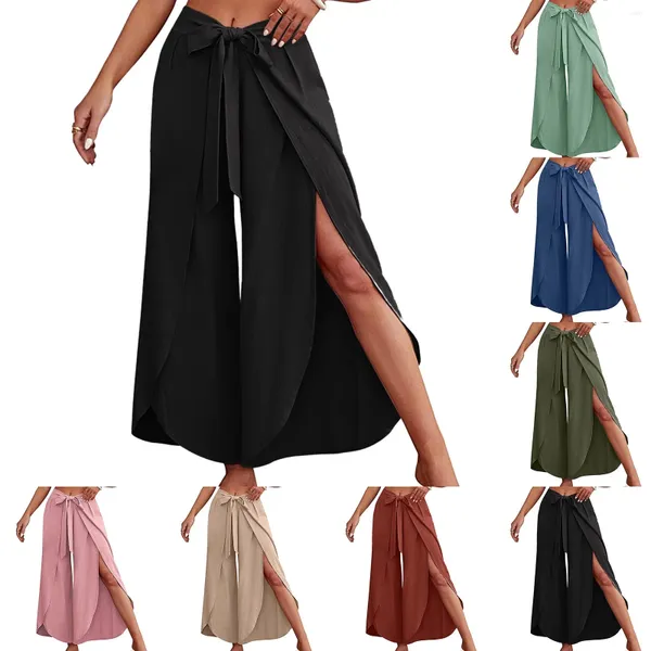 Calças femininas boêmia mulheres flowy perna larga casual verão praia lace-up moda cor sólida calças largas pantalones de mujer