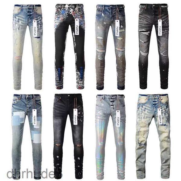 Designer-Jeans in Lila für Herren, Röhrenjeans, Motorrad, trendig, zerrissen, Patchwork, Loch, das ganze Jahr über, schlanke Beine, Großhandelsmarke KQMR K6VZ