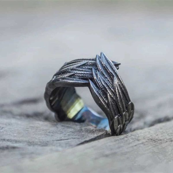 Bandringe Vintage Edelstahl Einzigartiger Herren-Ring mit Engelsflügeln und Federn Vogelringe für Männer Biker Punk-Schmuck Männliche Bijoux-Geschenke für ihn 240125