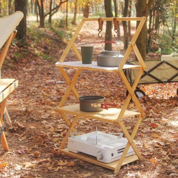 Camp Furniture Outdoor Camping Tragbares Lagerregal Picknick Mehrschichtiger Bambus Klappbarer Wohnzimmerschuh