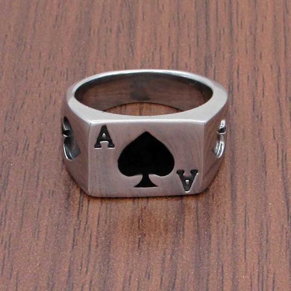 Anelli a fascia Spedizione gratuita Punk Lucky Spade A Playing Card Ring Acciaio inossidabile 316L Moda uomo Lettera A Anelli Gioielli 240125