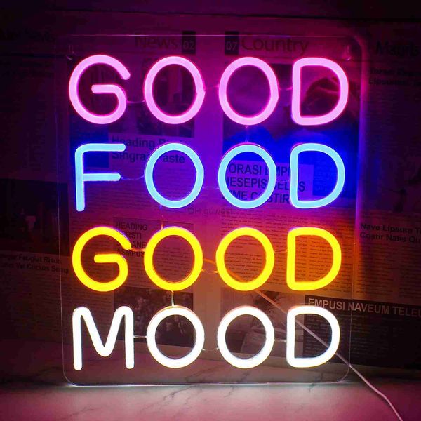 LED Neon Sign Luce al neon Buon cibo Buon umore LED Sign Home Matrimonio Festa di compleanno Festival Room Decor Segno luminoso Boy Girl Gift YQ240126