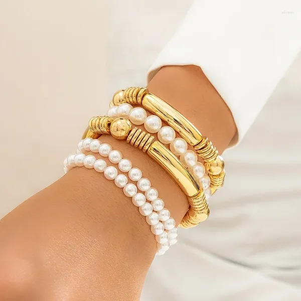 Link Armbänder Mehrschichtige Nachahmung Perle Gebogene Rohr Armband Set Für Frauen Mädchen Goldene Silber Farbe Persönlichkeit Handgemachte Perlen