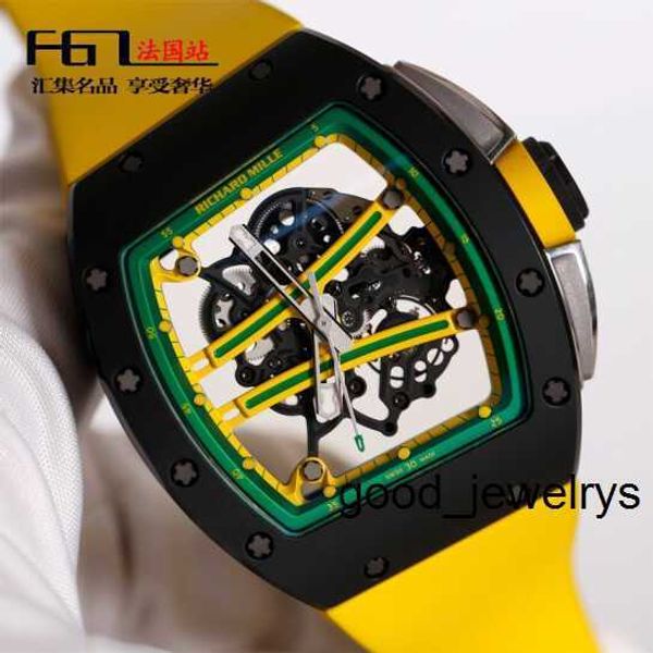 Relógio de luxo RM Relógio de pulso Richards Milles Relógio de pulso RM61-01 Série masculina Relógio verde pista oca Ntpt fibra de carbono cronógrafo de cerâmica preta