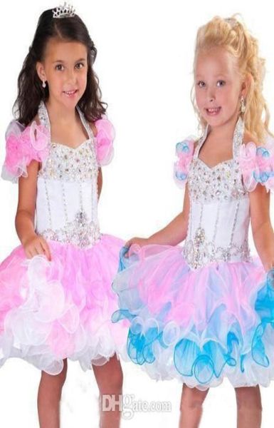 Adorável Halter Uma Linha Mini Glitz Girls039 Pageant Vestidos Backless Crystal Beads Tubulação Organza Cupcake Rosa Branco Flor Menina D6160633