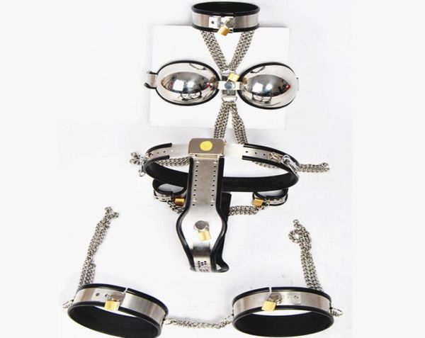 6in1 Cintura in acciaio femminile Sesso BDSM Bondage Restrizioni Kit Collare + Reggiseno + Cintura + Anello coscia + Plug anale + Spina vaginale G7-5-197890301