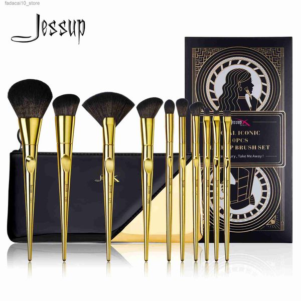 Pincéis de maquiagem Jessup Conjunto de pincéis de maquiagem 10pcs Básico Pó Sombra Contorno Fundação Liner Brow Brush Kit Vintage Golden Cabelo Sintético Q240126