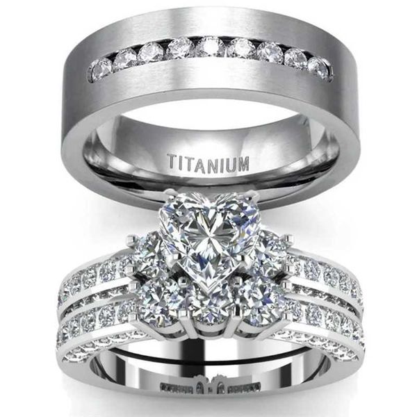 Anéis de banda Anéis de casal para mulheres coração strass zircônia anéis conjunto simples cz aço inoxidável homens anel jóias de casamento para presentes de amante 240125