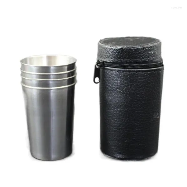 Tassen 4 teile/satz 70 ml Edelstahl Kaffeetasse Tragbare Wein Outdoor Camping Reise Becher Set mit Ledertasche