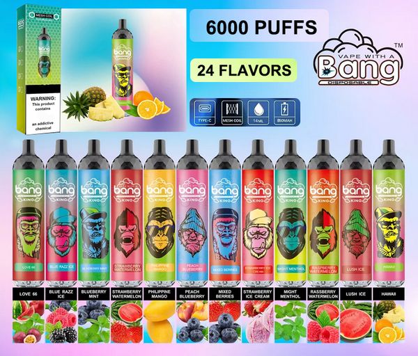 Original Bang King 6000 Puffs Einweg-Vape-Stift, 24 Geschmacksrichtungen, 14 ml vorgefüllte Gerätekapseln, 850-mAh-Akku mit Verpackungsbox