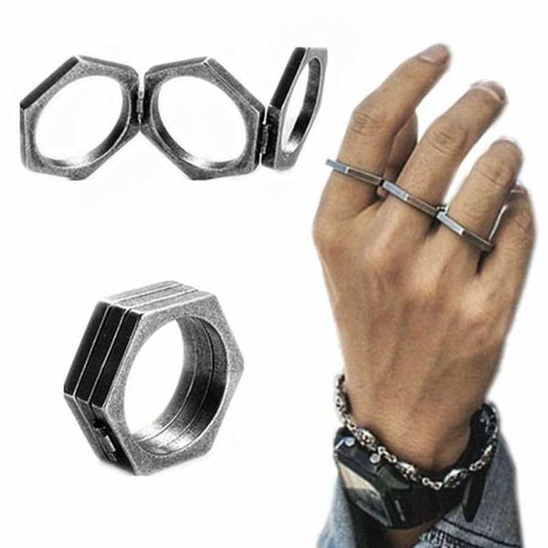 Anéis de banda punk anel geométrico vintage aço inoxidável dobrável hexágono anel para mulheres homens adolescentes rua moda chunky jóias 240125