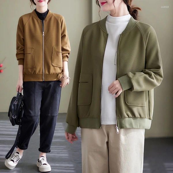 Giacche da donna Giacca da baseball coreana in tinta unita Primavera Autunno Cardigan con zip Cappotto corto Colletto rialzato casual Capispalla femminile