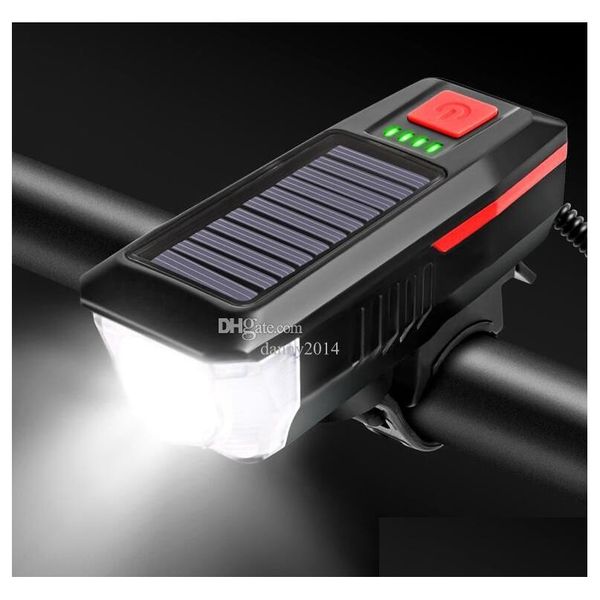 Bisiklet Işıkları LED Solar Bisiklet Işığı USB Boynuz Dış Mekan Bisiklet Kafası IP65 Su Geçirmez Lamba Damla Teslimat Sporları OUTZCT