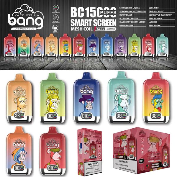 Original Bang Smart Screen 15000 Puffs Wiederaufladbarer Einweg-Vape 12 Geschmacksrichtungen 25 ml 650 mAh Öl-/Leistungsanzeige Bang Smartscreen mit Verpackungen