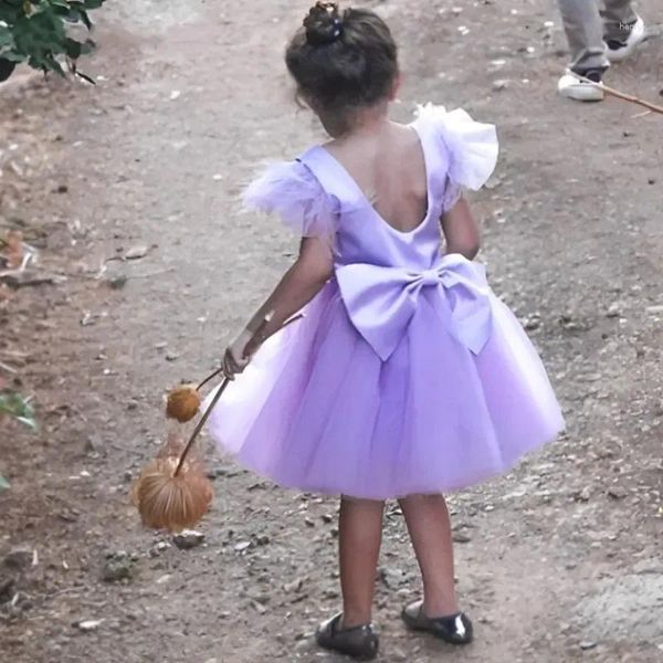 Vestidos da menina roxo bonito vestido de flor tule manga pena inchado criança aniversário do bebê casamento princesa festa primeira comunhão vestido