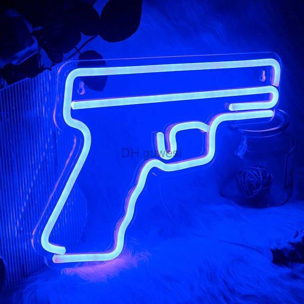 Sinal de néon LED Nova pistola em forma de sinal de néon LED Super Cool Pendurado Neon Art Night Light Gun Lâmpadas de néon USB com interruptor para decoração de sala de jogos YQ240126