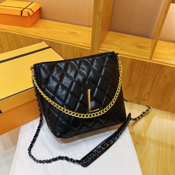 Designer balde saco feminino corrente de ouro bolsa dupla corrente luxo crossbodys bolsa de ombro bolsa de compras de couro clássico padrão xadrez mochilas