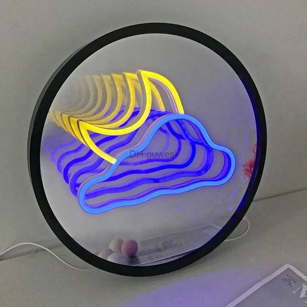 LED Neon Sign 3D Magic Infinite Mirror Multistrato Nuvola + Luna LED Neon Round Make Up Mirror Sign Home Room Decor Lampada notturna Insegne al neon Luci YQ240126