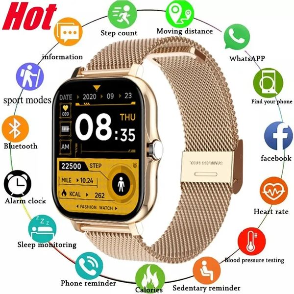 Novo relógio inteligente masculino feminino esportes fitness relógios metal milan cinta tela de toque completa bluetooth chamadas digital smartwatch relógio de pulso para ios android