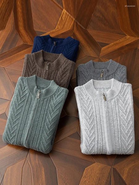 Maglioni da uomo Autunno/Inverno Cardigan in pura lana ispessita con cerniera Cappotto con colletto rialzato Maglione lavorato a maglia jacquard tinta unita Top caldo casual