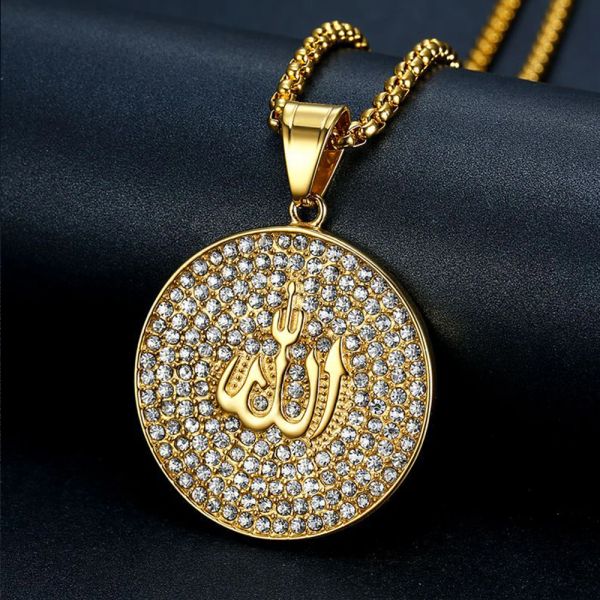 Hip hop gelado para fora redondo allah pingente colar 14k ouro amarelo islam muçulmano árabe ouro oração jóias