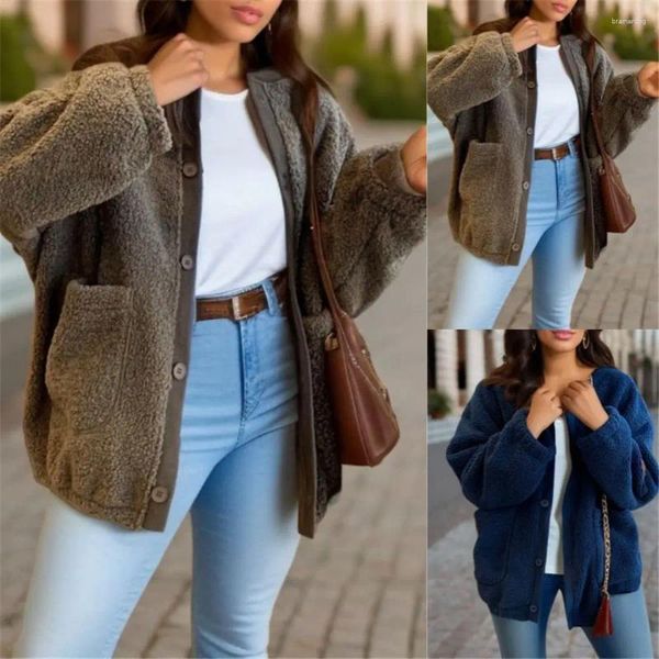 Mulheres malhas mulheres inverno sherpa camisola teddy velo fofo cardigan solto grandes bolsos streetwear jaqueta inchada