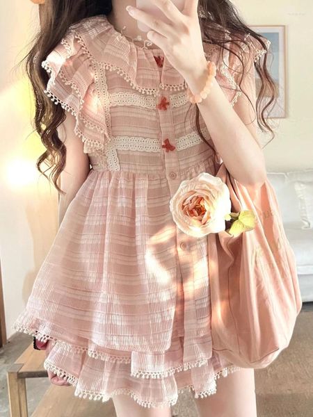 Abiti da lavoro rosa giapponese Kawaii due pezzi set donna fiocco dolce carino partito mini gonna vestito femminile pizzo camicetta coreana torta Lolita 2024