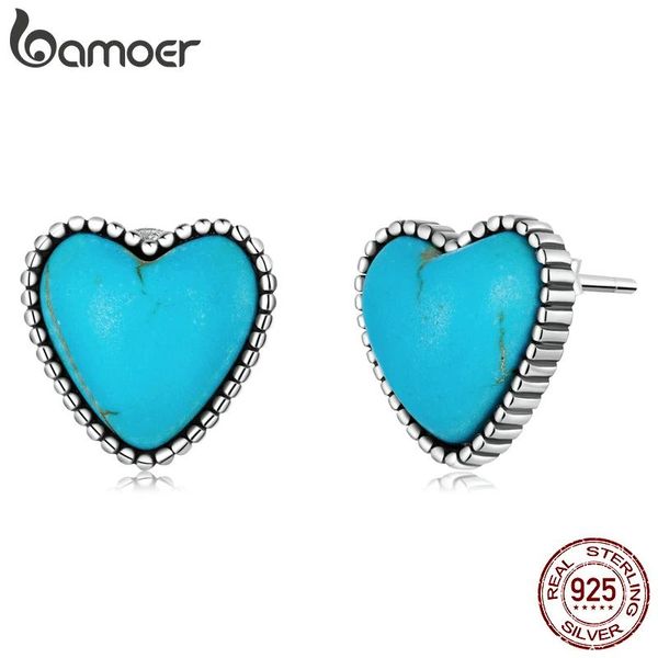 Oorbellen BAMOER Echt 925 Sterling Zilver Hart Turquoise Oorstekers voor Vrouwen Blauwe Liefde Stud Oorbellen Koreaanse Oren Fijne Sieraden Gift