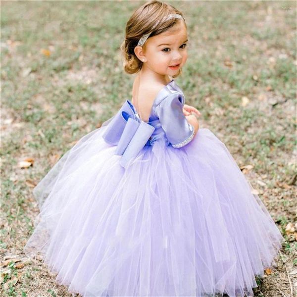 Abiti da ragazza Abito a fiori gonfi in tulle viola glitterato per matrimonio con perline monospalla con fiocco Festa di battesimo per comunione di bambini carini