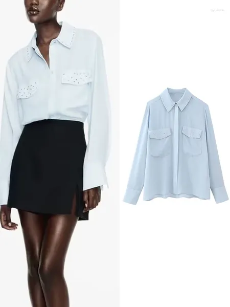 Blusas femininas bolsos duplos blusa topos 2024 senhoras do escritório rebite turn down colarinho camisas de manga longa único breasted camisa