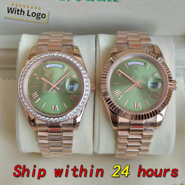 Com diamante 40mm relógio masculino data do dia relógios automáticos máquina de mostrador verde senhora 36mm mulher 904L rosa ouro pulseira de aço inoxidável safira ST9 fivela dobrável escondida