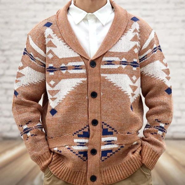 Suéter masculino outono e inverno vintage jacquard suéter de malha moda cardigan casual versátil casaco de tecido de lã