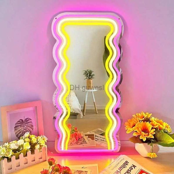 Светодиодная неоновая вывеска Wave LED Mirror неоновый свет с регулируемой яркостью, рождественские украшения, лампа, новинка, ночные огни, светящиеся лампы, украшения комнаты для девочек YQ240126