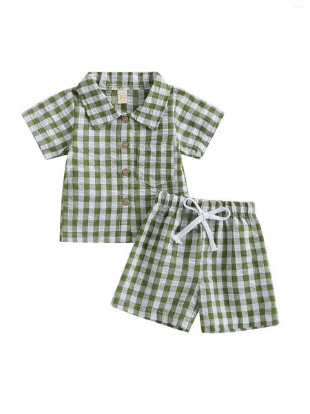 Kleidungssets Kleinkind Jungen Sommer Outfits Plaid Kariert Umlegekragen T-shirt Elastische Taille Shorts 2 Stücke Kleinkind Lässige Mode Kleidung